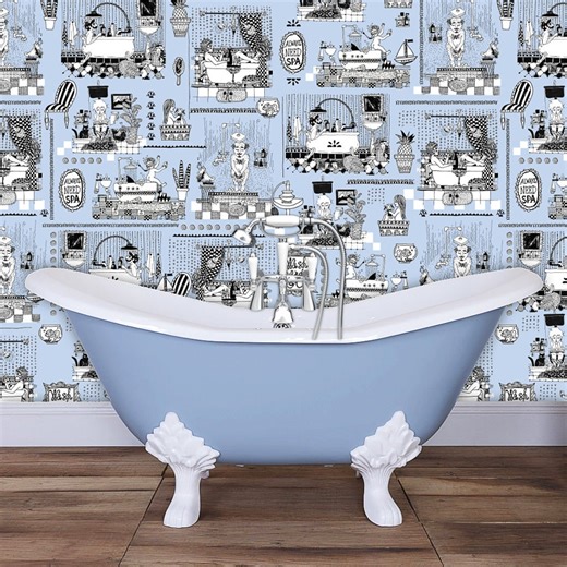 Bathtime Follies Wallpaper, Peel & Stick and Traditional Wallpaper, Designer Bathroom Wallpaper, Whimsical Wallpaper, Powder Room Decor - Etsy