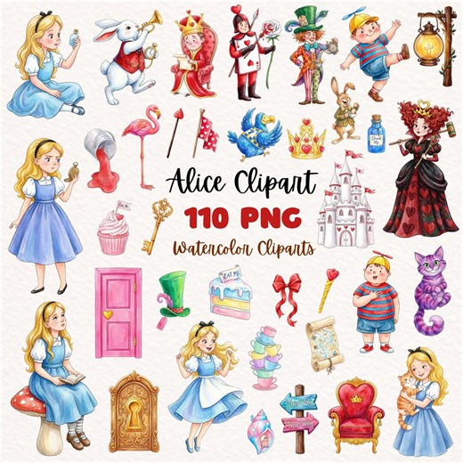Alice in Wonderland Clipart, Cheshire Cat, Mad Hatter, Tea Party, Rabbit PNG, Queens Croquet Ground, White Rabbit, Watercolor Wonderland PNG - Etsy