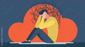 Frustrated man with a nervous problem feels anxiety and confusion of thoughts. Mental disorder and chaos in consciousness. Guy sitting on the floor with anxiety. Holds his head with his hands. 2d flat
