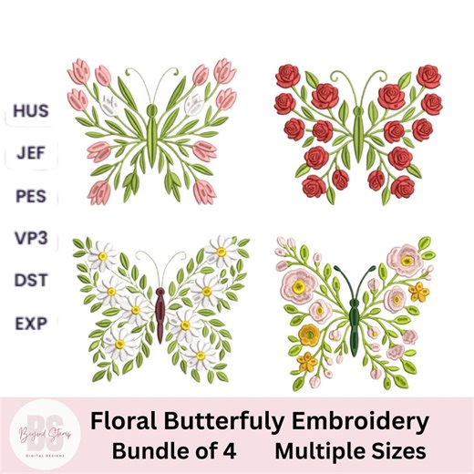 Butterfly Embroidery Designs Bundle, Floral Butterfly Machine Embroidery Design, Rose, Tulip, Daisy Butterfly Embroidery, Instant Download - Etsy