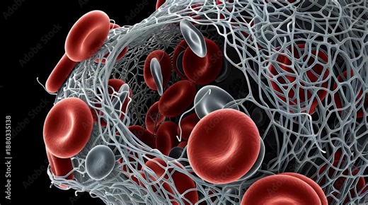 Microscopic visualization of a blood clot, depicting red blood cells ensnared within a complex fibrin mesh network, illustrating the critical process of thrombosis in the human circulatory system