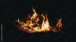 Night Bright Bonfire Burns in Forest. Hot tongues of flame, fire rise upward. Dry branches, sticks burn and smolder in an open fire. Camping. Red glow from fire in pit. Tourism summer. Slow-motion.