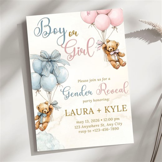 Bear Gender Reveal Invitation Template Digital Card Editable Baby Shower Invite Teddy Design Cute Pink Blue Balloon Party Boy or Girl Canva - Etsy Canada