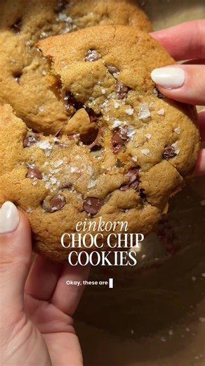 einkorn chocolate chip cookies (mini batch) ingredients 2 1/2 tbsp (33 g) grass-fed butter, softened 2 1/2 tbsp (37 ml) maple syrup 1 tbsp (12 g) coconut sugar 1/2 tsp vanilla extract 1 egg yolk 1/3 cup (40 g) einkorn flour 1/8 tsp baking soda 1/8 tsp sea salt 1/4 cup (40 g) dark chocolate chips instructions preheat oven to 350°F (175°C) and line a small baking sheet with parchment paper. in a small bowl, cream the butter, maple syrup, and coconut sugar together until smooth and glossy. mix in t