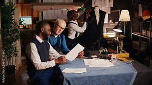 Designer measuring customers body, using industrial meter to ensure right size for custom made order. Senior tailor in atelier discussing with client about suit design. Handheld shot.