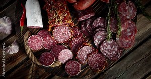 Different types of salami with rosemary slowly rotate.