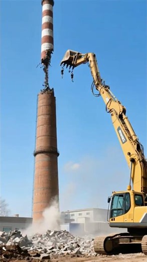 Excavator Destroys Tower with Precision Power ｜ 정밀한 힘으로 굴착기가 굴뚝을 해체하다