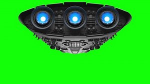 Alien spaceship on green screen. Bright engines flashing, 3d animation.