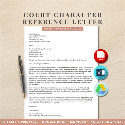 Court Character Reference Letter Template | Sample Letter to Judge | Google Docs & Word | Instant Download - Etsy Canada