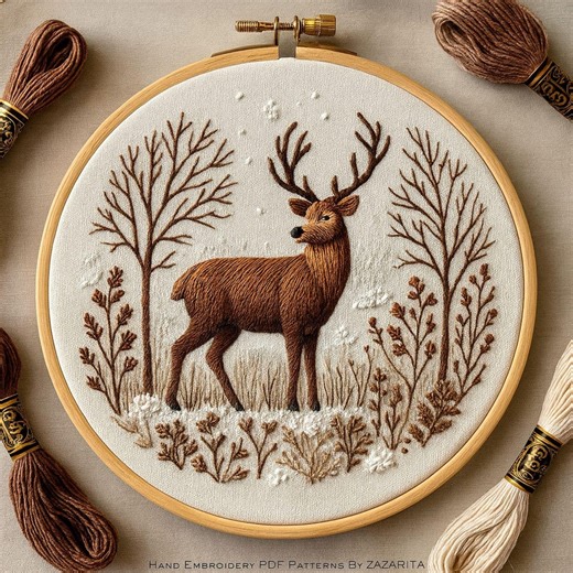 Woodland Deer Embroidery Pattern – Winter Hand Embroidery PDF With Rustic Forest Design - Etsy