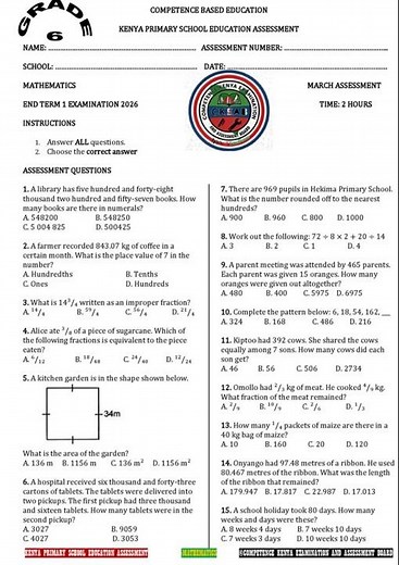 Grade 6 Mathematics End of Term 1 2026 Exam with Marking Scheme