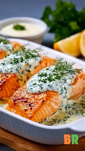 Salmon with Dill Sauce Oven-roasted salmon fillets are cooked until just tender and finished with a cool, tangy dill yogurt sauce that brings freshness and balance. This simple preparation highlights clean flavors, precise roasting, and a classic herb forward sauce ideal for a refined yet effortless meal. 🛒Ingredients : 4 salmon fillets 2/3 cup plain yogurt 1 clove garlic, finely minced 2 tablespoons fresh lemon juice 1 small handful fresh dill, finely chopped Freshly ground black pepper, to ta