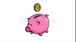Inflation metaphor. Cartoon piggy bank with coins and money pooping. Piggy bank gets big coins and returns small as a pooh containing coins. Good for business explainer.