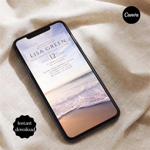 Beach Digital Funeral Invitation, Sea Celebration of Life Evite, Mobile Funeral Invitation, Funeral Announcement Phone Template - Canva - Etsy Canada