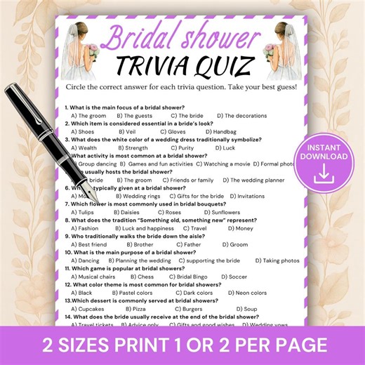 Bridal Shower Trivia Quiz, Bride & Wedding Trivia Game, Bridal Shower Party Game, Future Mrs Celebration Activity, Printable Bridal Fun - Etsy