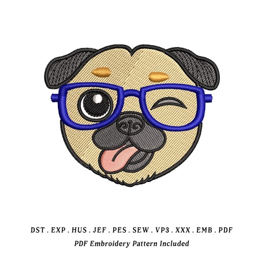 Winking Pug Face Embroidery Design With Glasses – Playful Dog Machine Embroidery (EMB Included) - Etsy