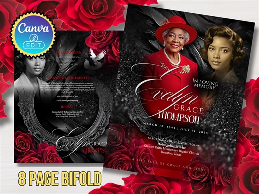 Black & Red Funeral Program Template: Canva Obituary (8.5x11, 8-page) Digital Download - Etsy