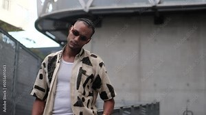 Black male model with sunglasses, posing and staring at the camera in a urban environment