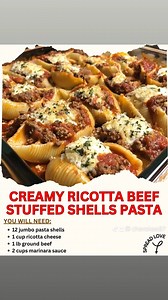 Creamy Ricotta Beef Stuffed Shells Pasta 🍝🧀🥩 Ingredients: 12 jumbo pasta shells 1 cup ricotta cheese 1 lb ground beef 2 cups marinara sauce 1 cup mozzarella cheese, shredded Instructions: 1️⃣ Cook Shells: Boil pasta shells according to package instructions. 2️⃣ Prepare Filling: Mix ricotta with cooked beef. 3️⃣ Stuff Shells: Fill each shell with beef mixture and place in a baking dish. 4️⃣ Top and Bake: Cover with marinara and mozzarella, then bake at 350°F (175°C) for 20 minutes. Notes: A co