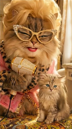 Momma cat blow drying and grooming kitten and singing pop songs. #fyp #cat #kittencuddles #aicat