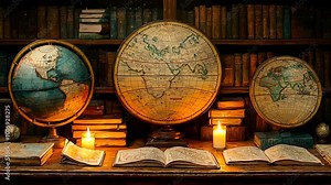 Antique globes illuminated by candlelight on a wooden desk, seamless looping 4K video background.