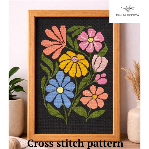Floral Cross Stitch Pattern PDF, Modern Flower Embroidery Design, Botanical Wall Art, Scandinavian Style, Minimalist Decor, Instant Download - Etsy