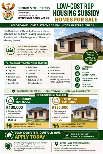 Apply for your Low-Cost RDP Housing today and receive professional assistance throughout the entire application process. For registrations, housing subsidy information, application status updates, and guidance on required documents, please contact or WhatsApp Thomas Mohlala on 060 607 4758. Thomas Mohlala will assist you with: • RDP housing applications • Housing subsidy enquiries • Application status checking • Document submission guidance • Allocation and approval information • General housing