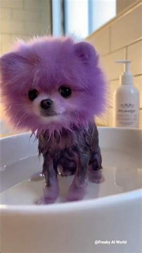 Purple Pomeranian Puppy Bathing Itself