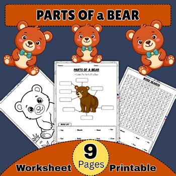 Parts Of a Bear | Animal Anatomy Labeling Worksheet + Word Search | Activities