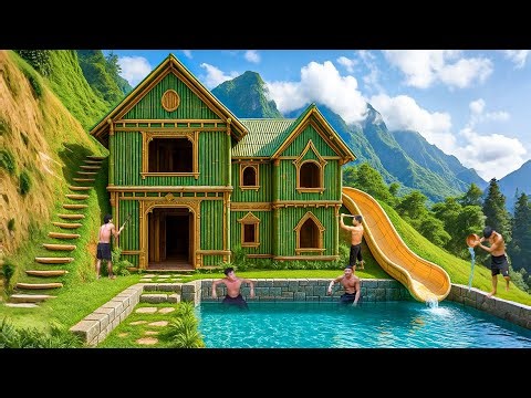 200 Days Building a Bamboo Jungle House with a Clay Water Slide Using Primitive Tools in the Jungle