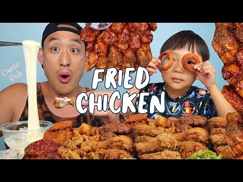 HUGE FRIED CHICKEN MUKBANG!! Korean Fried Chicken + Onion Rings + Gizzards + CHEESE PULL!!