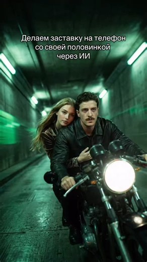 @nano_banana_ibot on Instagram: "Prompt👇🏻Ссылка на бота в шапке профиля Как сделать: -переходите по ссылке -отправляете свои фотографии -вставляете prompt: A cinematic and moody scene set in a dimly lit tunnel with fluorescent green lights casting an eerie glow. The atmosphere is dark and atmospheric, reminiscent of a classic noir film. A couple is riding a motorcycle down the center of the tunnel towards the camera. Their silhouettes and faces are clearly visible and illuminated by the motorc