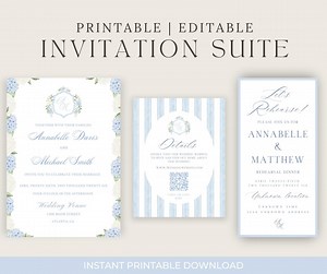 Blue Watercolor Floral Hydrangea Wedding Full Invitations Suite, Editable Modern Wedding Invitation Suite, Canva Template - Etsy