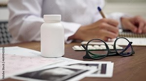 Medical Workspace Focus: A close-up of a doctor's working table, featuring a jar of pills, vitamins, ultrasound test results, and medical documents, with a pharmacist in the foreground.