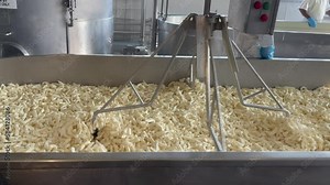 Cheese factory. Big special mixer stirring cheese in the large vat. Cheese churning process. Making cheese manufacture