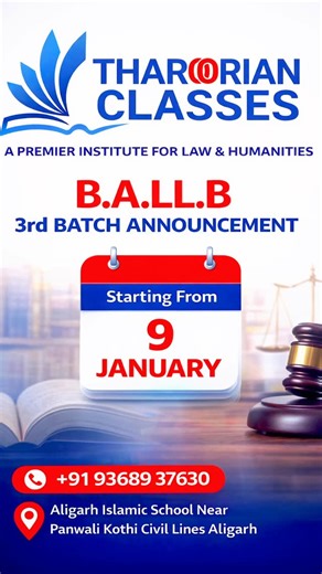 Tharoorian Classes on Instagram: "Tharoorian Classes invites applications for the 3rd Batch of its dedicated LLB Entrance Preparation Programme for AMU, Jamia Millia Islamia, and MANUU aspirants. The new batch is scheduled to begin from 9 January 2026. Our entrance-focused LLB batch is designed to provide students with: • Comprehensive coverage of entrance-based legal aptitude & general awareness • English language enhancement & comprehension training • Past-year paper analysis and targeted prac