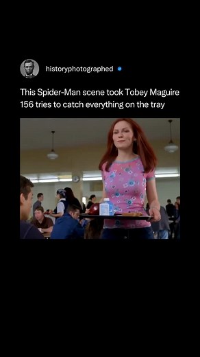 History Photographed on Instagram: "In Spider-Man (2002), Peter Parker instinctively used his new powers to save Mary Jane Watson from slipping, catching her and her food in one smooth motion.⁠ ⁠ In a DVD commentary of the film, Kirsten Dunst commented on how it took Tobey Maguire a total of 156 tries to get this scene right, making it the hardest scene to shoot in the movie."