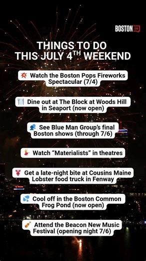 Check out the best things to do this July 4th weekend: 💥 Watch Boston Pops Fireworks Spectacular (7/4): https://www.boston.com/culture/events/2025/06/20/july-4-fireworks-massachusetts-2025/ 🍽️ Dine out at The Block at Woods Hill in Seaport (now open): https://www.boston.com/food/restaurants/2025/06/26/5-cant-miss-restaurant-openings-and-dining-updates-in-boston-this-week-june-26-2025/ 💦 Cool off in the Boston Common Frog Pond (now open): https://www.boston.com/news/local-news/2025/06/24/bosto