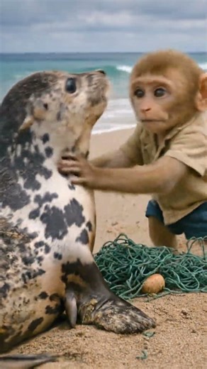 khỉ con Rocky 🐒 cứu hải cẩu ... #cute #cuteanimals #monkey #animalshorts #aishorts #funnyanimals