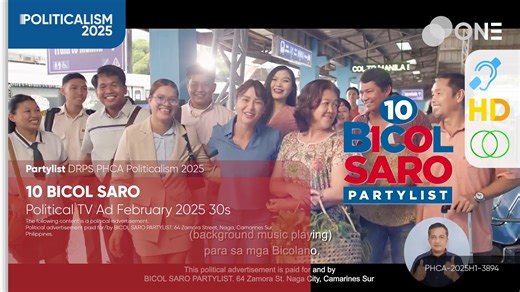 #PHCAPoliticalism2025: This is the February 2025 Political TV Ad for BICOL SARO Partylist this 2025 Elections. Content published with Built-In Closed Captions, available in Full High Definition, and in Stereo audio. *The following content is a political advertisement.* Political advertisement paid for/by BICOL SARO PARTYLIST: 64 Zamora Street, Naga, Camarines Sur, Philippines. Uploaded on DRPS One Channel on Facebook. We're the only one. #DRPSOne 12131: BICOL SARO Partylist Political TV Ad Febru