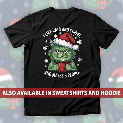 Grumpy Christmas Cat Wearing Santa Hat & Coffee Mug T-shirt, Xmas Coffee Drinkers Sweatshirt, Introverts Pet Owners Sarcastic Humor Hoodie - Etsy