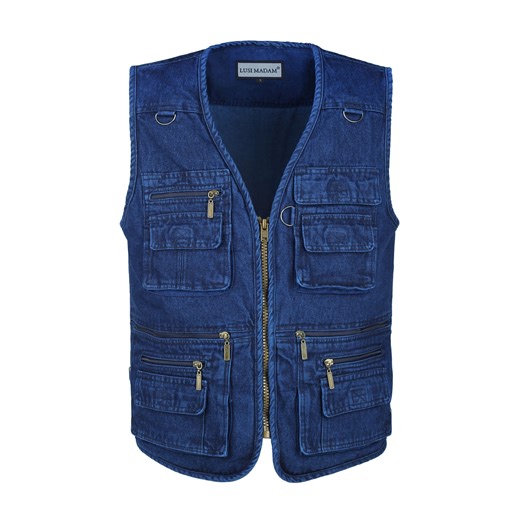 Men's Zipper Multi Pockets Vest Outdoor Travel Fishing Utility Work Cargo Denim Vests