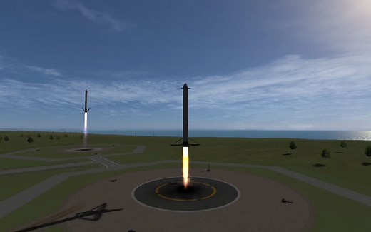 python控制重型猎鹰火箭两个助推器和一级火箭实现自动定点着陆回收