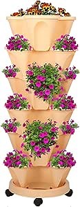 6 Tier Stackable Gardening Pots, Outdoor Porch for Growing Herbs Flowers Vegetables Garden Tower Ideal Stackable Vertical Planter Set Apricot Color