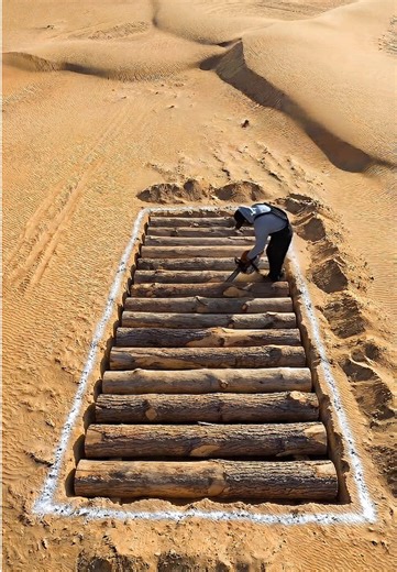 I built a hidden bunker under the desert… It started with nothing but a white rectangle sprayed in the sand. Then the digging began — deeper and deeper into the desert ground. A 3-meter deep pit was carved beneath the surface. Massive wooden logs were stacked across the top to create the roof structure. A hidden wooden hatch was cut directly into the logs. The entrance was sealed with OSB boards, tarp, and desert sand so it blends perfectly with the environment. Completely camouflaged undergroun