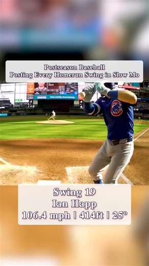 Shea Bell on Instagram: "Ian Happ 💣 | 106.4 MPH | 414 FT | 25°. Cubs October power vs Brewers 🔥 Ian Happ Postseason HR | 106.4 MPH, 414 FT, 25° | Cubs vs Brewers NLDS Game 1 Ian Happ wasted no time making his mark in the Division Series vs the Milwaukee Brewers, crushing a 414-foot home run with a 106.4 MPH exit velocity and a 25° launch angle. The Cubs outfielder continues to show why he’s such a consistent postseason performer — using elite bat speed, strong rotation, and clean extension to 