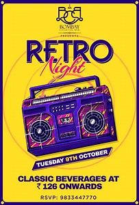 Recreating the evergreen musical charm with a nostalgic spell at BCB's Retro Night; Where vintage meets modern times tonight. Sip through the good old times at classics prices starting from Rs 126 ONLY. Check us out on Zomato: bit.ly/2RtwqCQ For More Info: 91 9833447770 / 8383838340 | Bombay Cocktail Bar