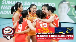 San Sebastian College-Recoletos barged into the win column after outlasting Jose Rizal University in a five-setter, 17-25, 28-26, 14-25, 25-16, 15-9, in the #NCAASeason98 women's volleyball tournament. | GMA Sports PH