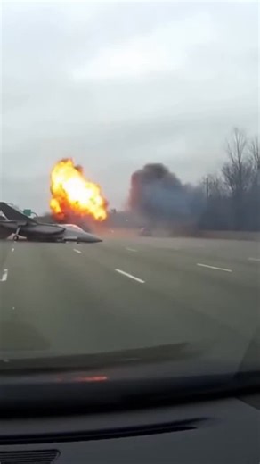 Ai Incidents on Instagram: "Dashcam footage — fighter jet loses control and skids across a busy highway, sparks flying between cars, massive explosion ahead as drivers brake and swerve."