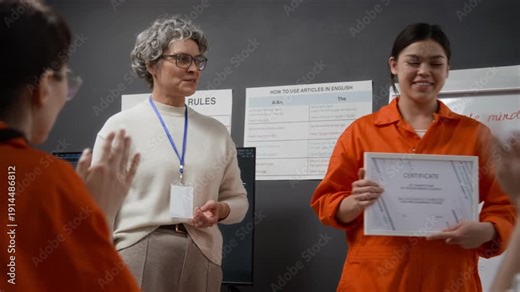 Smiling Latin American young woman as female inmate accepting certificate from female teacher at graduation ceremony after successfully completing course in prison education program